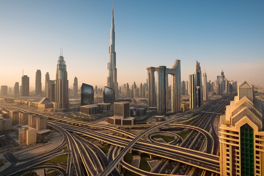 Dubai skyline with major paid roads