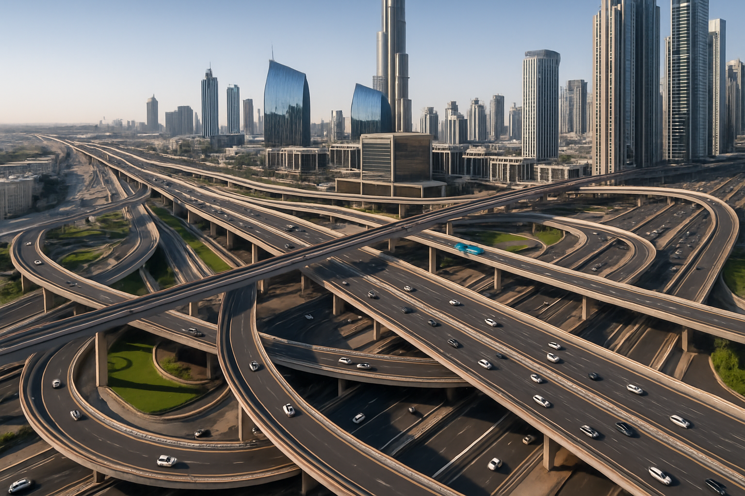 Aerial view of Dubai highways with smooth traffic flow