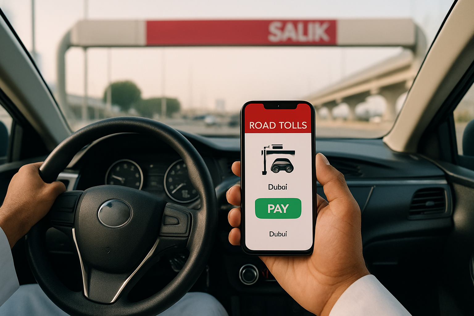 Dubai driver using a mobile app to pay road tolls