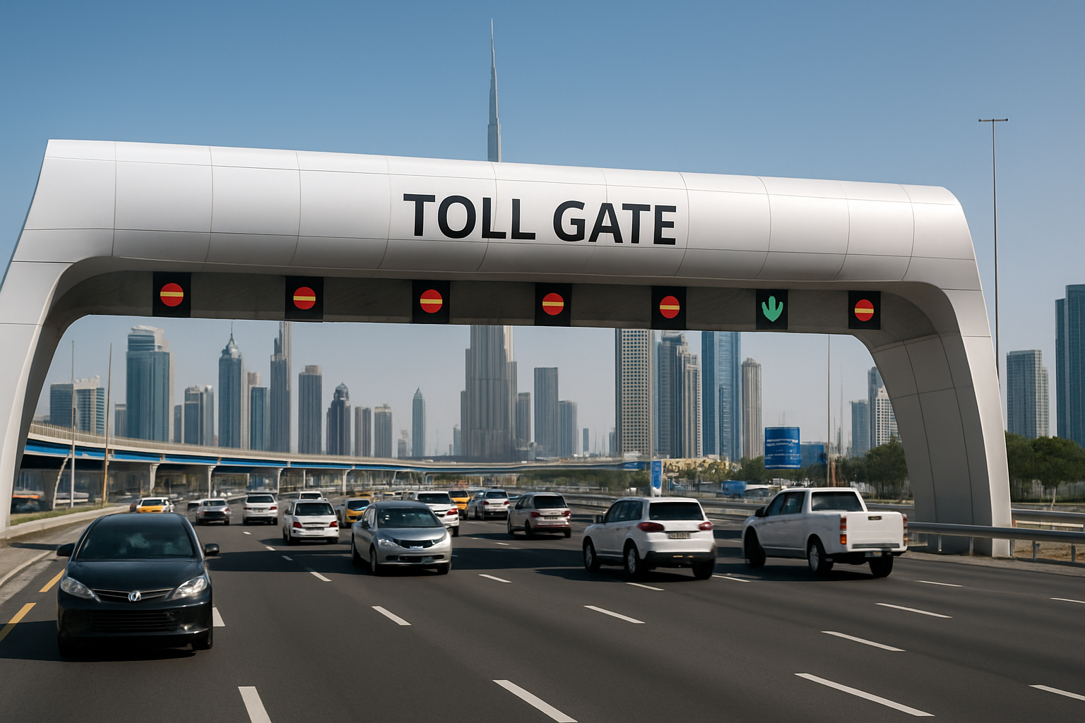 Modern toll gate on a busy Dubai highway